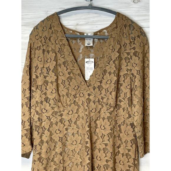 Vintage Old Navy Top Womens‎ XL Brown Lace 3/4 Sleeve V Neck See Through Sheer - Picture 2 of 10